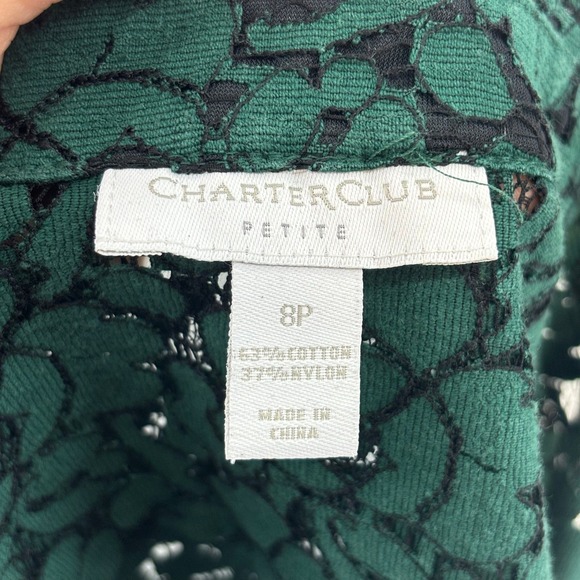 Charter Club Floral Lace Button Down Shirt size 8 Petite Green Long Sleeve Boho - Picture 8 of 8